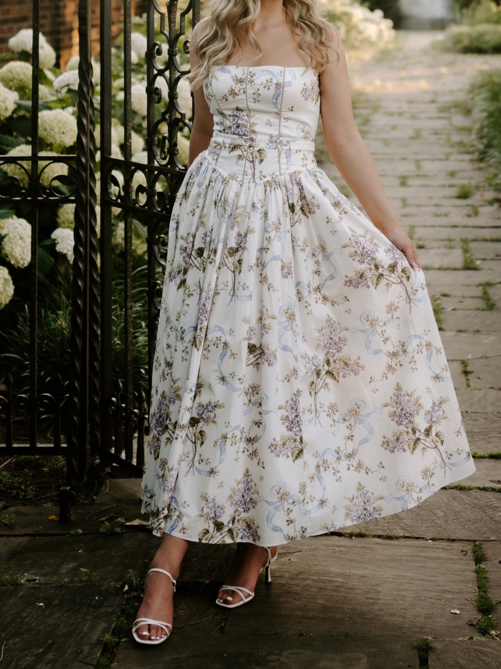 House of CB - Ysabella Off White Vintage Ribbon Print Cotton Midi Sundress